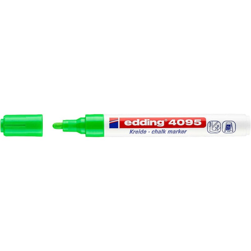 Pennarello a gesso liquido Edding 4095 - Punta rotonda - Linea tra 2 e 3 mm - Odore neutro - Colore verde chiaro 10pz 10pz Pennarello a gesso liquido Edding 4095 - Punta rotonda - Linea tra 2 e 3 mm - Odore neutro - Colore verde chiaro 10pz 10pz