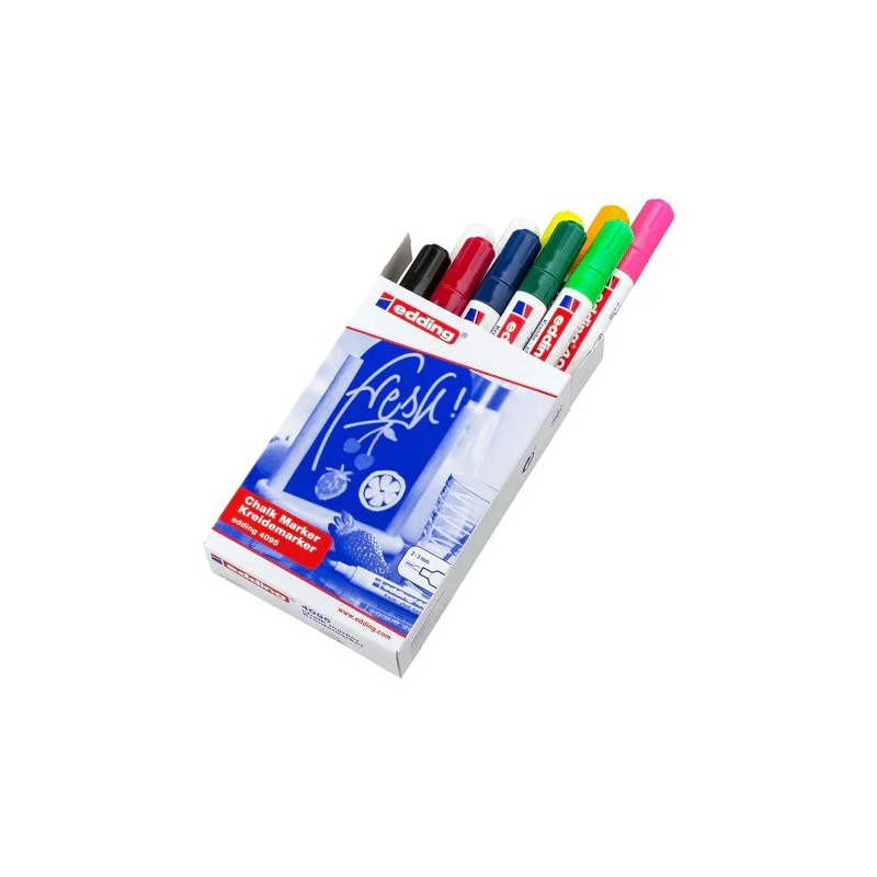 Edding 4095 Confezione da 10 pennarelli a gesso liquido - Punta rotonda - Tratto 2-3 mm - Odore neutro - Colori assortiti Edding 4095 Confezione da 10 pennarelli a gesso liquido - Punta rotonda - Tratto 2-3 mm - Odore neutro - Colori assortiti