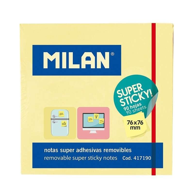 Milan Bloc de 90 Notas Super Adhesivas - Removibles - Mayor Permanencia - 76mm x 76mm - Color Amarillo Claro Milan Bloc de 90 Notas Super Adhesivas - Removibles - Mayor Permanencia - 76mm x 76mm - Color Amarillo Claro