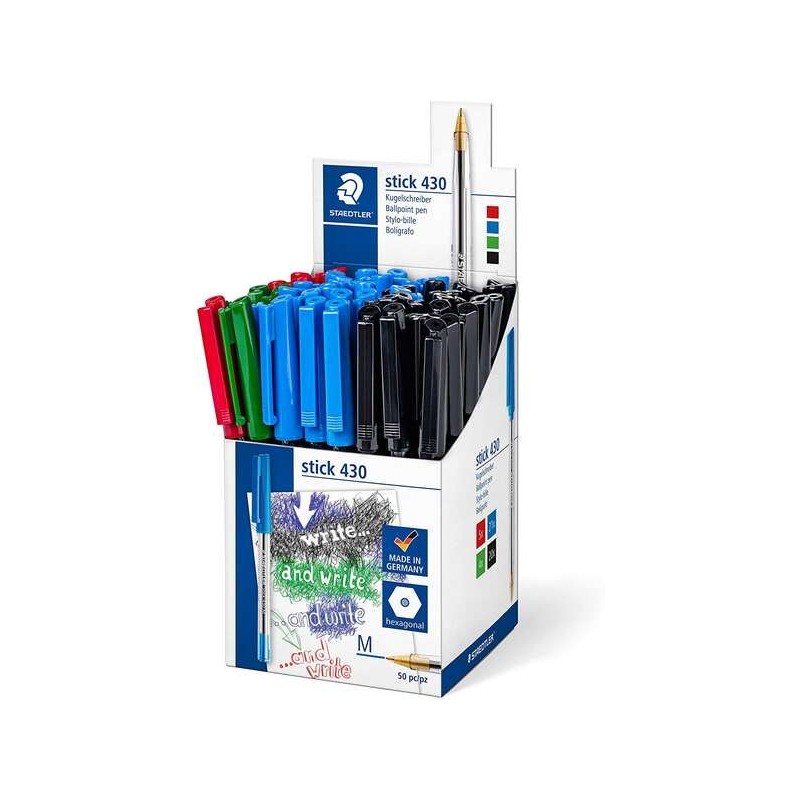 Staedtler Stick 430 Confezione da 50 penne - Punta da 0,35 mm - Inchiostro permanente - Colori assortiti 50pz 50pz Staedtler Stick 430 Confezione da 50 penne - Punta da 0,35 mm - Inchiostro permanente - Colori assortiti 50pz 50pz