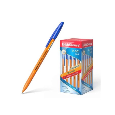 Erichkrause Boligrafo R-301 Naranja Stick 0.7 - Cuerpo Hexagonal Opaco - Punta de 0.7mm - Tinta de Secado Rapido - Color Azul
