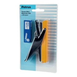 Petrus 205 Mini Pinza Majorette Pinzatrice + 1 Scatola da 600 Graffette - Fino a 10 Fogli - Pinzatura Chiusa - Colori Assortiti 
