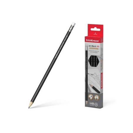 Erichkrause Jet - Lapiz de Grafito Hexagonal con Goma de Borrar - Resistente al Impacto - Color Negro