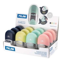 Milan Capsule Silver Espositore da 12 Temperamatite - Lama in Acciaio - Gomma - Lama di Sicurezza - Colori Assortiti