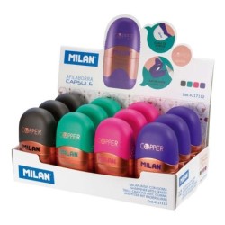 Milan Capsule Copper Espositore da 12 Temperamatite - Lama in Acciaio - Gomma - Lama di Sicurezza - Colori Assortiti