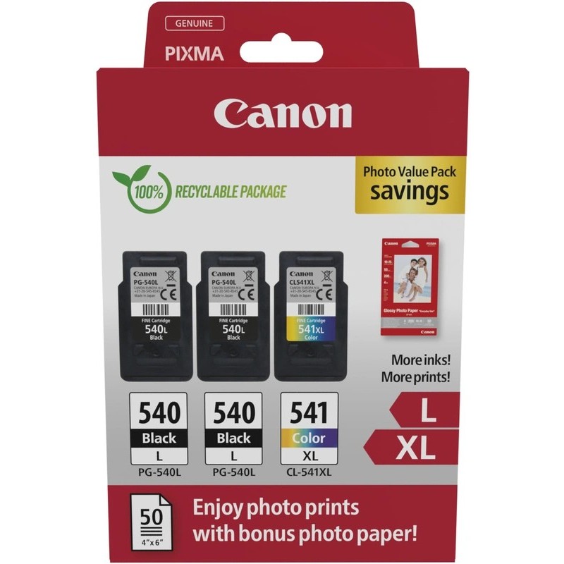Canon PG-540L/CL-541XL Confezione multipla da 3 cartucce d'inchiostro originali + 50 fogli di carta fotografica - 5224B015 Canon PG-540L/CL-541XL Confezione multipla da 3 cartucce d'inchiostro originali + 50 fogli di carta fotografica - 5224B015