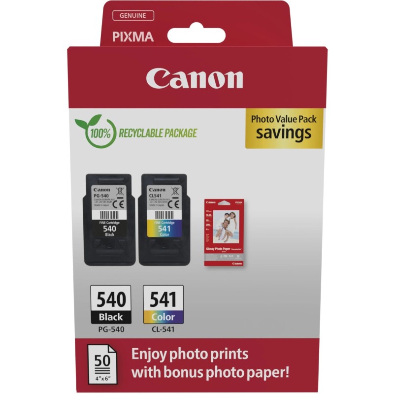 Canon PG-540/CL-541 Confezione da 2 cartucce d'inchiostro originali + 50 fogli di carta fotografica - 5225B013 Canon PG-540/CL-541 Confezione da 2 cartucce d'inchiostro originali + 50 fogli di carta fotografica - 5225B013