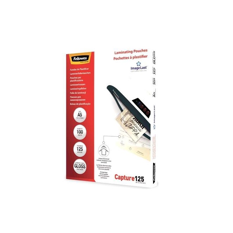 Fellowes Pack de 100 Fundas para Plastificar Brillo A5 - 125 Micras - Alta Calidad - Transparente