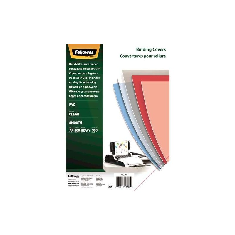Fellowes Pack de 100 Portadas para Encuadernar de PVC A4 - 300 Micras - Muy Resistentes - Transparente Fellowes Pack de 100 Portadas para Encuadernar de PVC A4 - 300 Micras - Muy Resistentes - Transparente