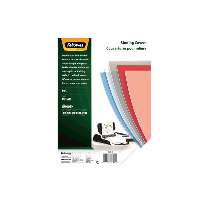 Fellowes Pack de 100 Portadas para Encuadernar de PVC A3 - 200 Micras - Muy Resistentes - Transparente