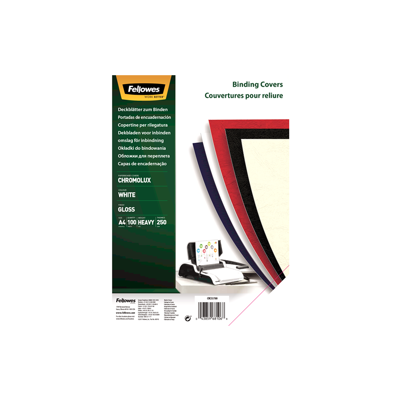 Fellowes Confezione da 100 Documenti in Carta con Copertina Posteriore - A4 - Finitura Lucida - 250 g - Certificazione FSC Fellowes Confezione da 100 Documenti in Carta con Copertina Posteriore - A4 - Finitura Lucida - 250 g - Certificazione FSC