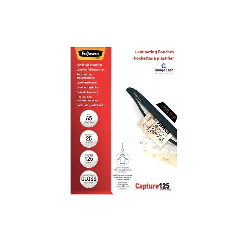 Fellowes Confezione da 25 buste plastificatrici lucide A5 - 125 micron - Alta qualità - Trasparente Fellowes Confezione da 25 buste plastificatrici lucide A5 - 125 micron - Alta qualità - Trasparente