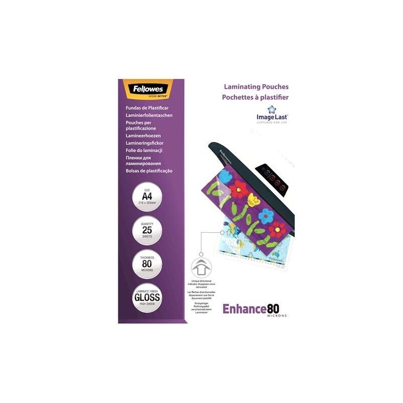 Fellowes Pack de 25 Fundas para Plastificar Brillo A4 - 80 Micras - Alta Calidad - Transparente