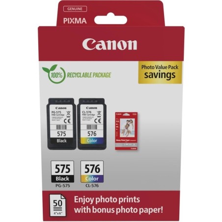 Canon PG-575/CL-576 Confezione da 2 cartucce d'inchiostro originali + 50 fogli di carta fotografica - 5438C004