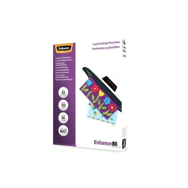 Confezione da 100 maniche di plastificazione Fellowes opache A3 - 80 micron - Alta qualità - Trasparente Confezione da 100 maniche di plastificazione Fellowes opache A3 - 80 micron - Alta qualità - Trasparente