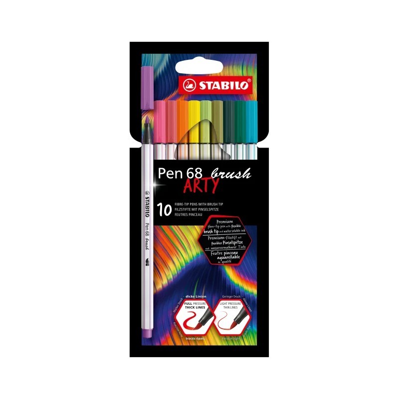 Stabilo Pen 68 Brush Arty Confezione da 10 pennarelli - Punta a pennello - Inchiostro a base d'acqua - Colori assortiti Stabilo Pen 68 Brush Arty Confezione da 10 pennarelli - Punta a pennello - Inchiostro a base d'acqua - Colori assortiti