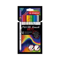 Stabilo Pen 68 Brush Arty Confezione da 12 pennarelli - Punta a pennello - Inchiostro a base d'acqua - Colori assortiti