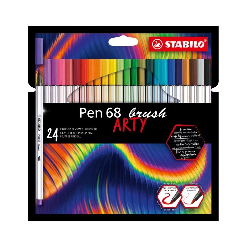 Stabilo Pen 68 Brush Arty Confezione da 24 pennarelli - Punta a pennello - Inchiostro a base d'acqua - Colori assortiti Stabilo Pen 68 Brush Arty Confezione da 24 pennarelli - Punta a pennello - Inchiostro a base d'acqua - Colori assortiti