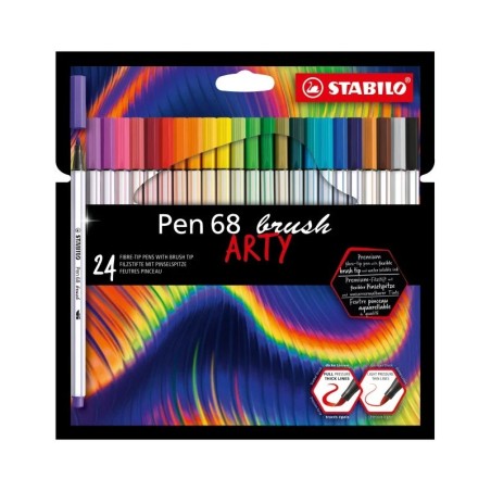 Stabilo Pen 68 Brush Arty Pack de 24 Rotuladores - Punta de Pincel - Tinta a Base de Agua - Colores Surtidos