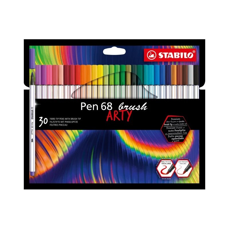 Stabilo Pen 68 Brush Arty Confezione da 30 pennarelli - Punta a pennello - Inchiostro a base d'acqua - Colori assortiti Stabilo Pen 68 Brush Arty Confezione da 30 pennarelli - Punta a pennello - Inchiostro a base d'acqua - Colori assortiti