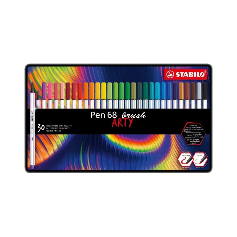 Stabilo Pen 68 Brush Arty Caja Metalica de 30 Rotuladores - Punta de Pincel - Tinta a Base de Agua - Colores Surtidos Stabilo Pen 68 Brush Arty Caja Metalica de 30 Rotuladores - Punta de Pincel - Tinta a Base de Agua - Colores Surtidos