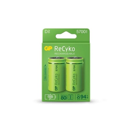 GP ReCyko Confezione da 2 Batterie Ricaricabili 5700mAh D 1,2V - Pre-Caricate - Ciclo di Vita: Fino a 1000 Volte