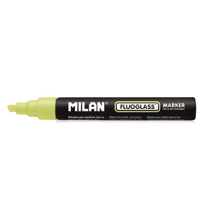 Pennarello Milan Fluoglass per superfici lisce - Punta a scalpello - Tratto da 2 a 4 mm - Inchiostro a base d'acqua - Cancellazi Pennarello Milan Fluoglass per superfici lisce - Punta a scalpello - Tratto da 2 a 4 mm - Inchiostro a base d'acqua - Cancellazi