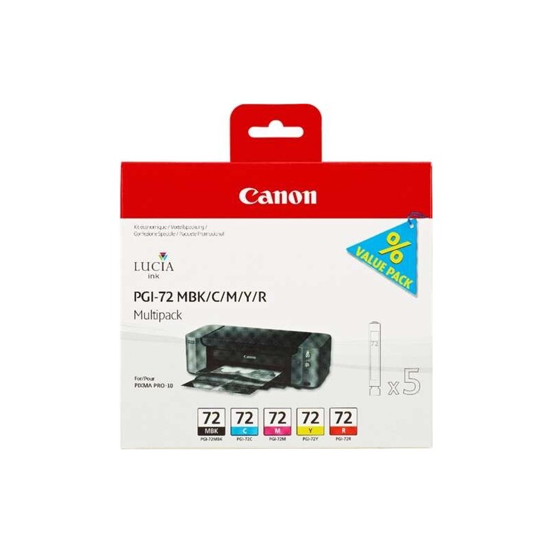 Confezione da 5 cartucce d'inchiostro originali Canon PGI72: nero opaco, ciano, magenta, giallo, rosso - 6402B009