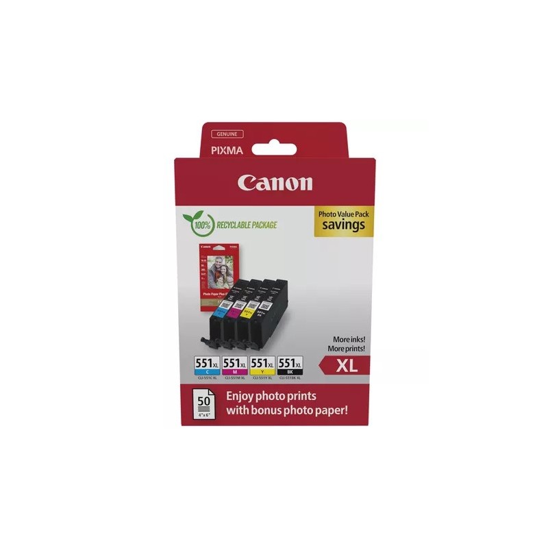 Canon CLI551XL Confezione da 4 cartucce d'inchiostro originali + 50 fogli di carta fotografica - 6443B008/6443B006 Canon CLI551XL Confezione da 4 cartucce d'inchiostro originali + 50 fogli di carta fotografica - 6443B008/6443B006