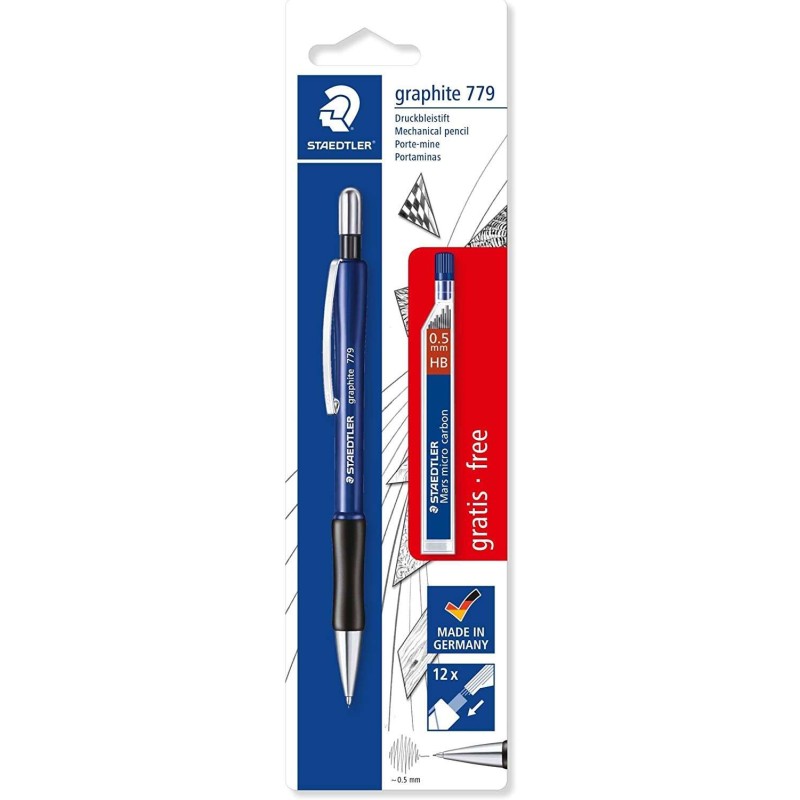 Staedtler Pack de 1 Portaminas 779 de 0.5mm + 1 Tubo de 12 Minas - Zona de Agarre Ergonomica - Resistente a Roturas Staedtler Pack de 1 Portaminas 779 de 0.5mm + 1 Tubo de 12 Minas - Zona de Agarre Ergonomica - Resistente a Roturas