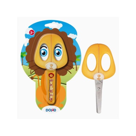 Dohe Tijera Escolar para Niños - Acero Inoxidable - Puntas Redondeadas - Funda para las Hojas - Diseño Leon