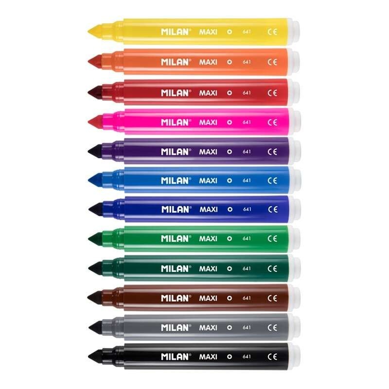 Milan Pack de 12 Rotuladores Maxi - Punta Conica 7.5mm - Tinta al Agua - Lavable - Colores Surtidos Milan Pack de 12 Rotuladores Maxi - Punta Conica 7.5mm - Tinta al Agua - Lavable - Colores Surtidos
