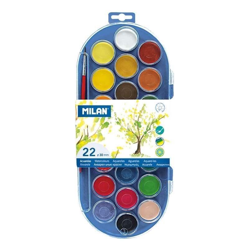 Milan 80022 Astuccio da 22 Acquerelli Ø30 mm + Pennello Serie 101 - Miscelabili - Colori Assortiti 6pz 6pz Milan 80022 Astuccio da 22 Acquerelli Ø30 mm + Pennello Serie 101 - Miscelabili - Colori Assortiti 6pz 6pz