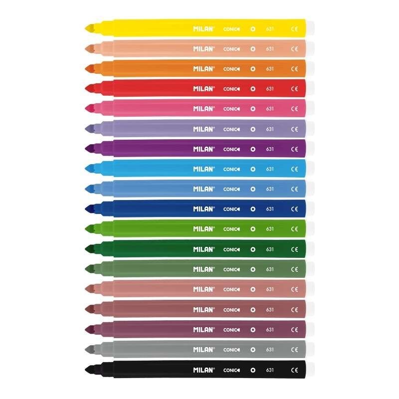 Confezione da 18 pennarelli Milan - Punta conica da 5 mm - Inchiostro ad acqua - Lavabili - Colori assortiti Confezione da 18 pennarelli Milan - Punta conica da 5 mm - Inchiostro ad acqua - Lavabili - Colori assortiti