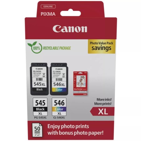 Canon PG545XL Nero + CL546XL Colore Confezione da 2 cartucce d'inchiostro originali + 50 fogli di carta fotografica - 8286B011/8