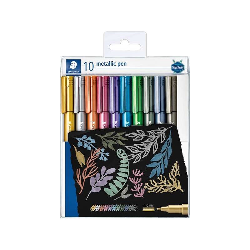 Staedtler Metallic Pen Confezione da 10 pennarelli a punta fine - Inchiostro a base d'acqua - Tratto 1 - 2 mm circa - Colori ass Staedtler Metallic Pen Confezione da 10 pennarelli a punta fine - Inchiostro a base d'acqua - Tratto 1 - 2 mm circa - Colori ass
