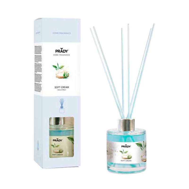 Deodorante per ambienti Prady Premium Soft Cream - Flacone in vetro da 130 ml e bacchette diffusore Deodorante per ambienti Prady Premium Soft Cream - Flacone in vetro da 130 ml e bacchette diffusore