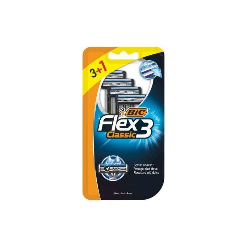 Bic Flex 3 Confezione da 3+1 Rasoi Usa e Getta a 3 Lame - Testina Girevole - Striscia Lubrificante con Aloe Vera Bic Flex 3 Confezione da 3+1 Rasoi Usa e Getta a 3 Lame - Testina Girevole - Striscia Lubrificante con Aloe Vera