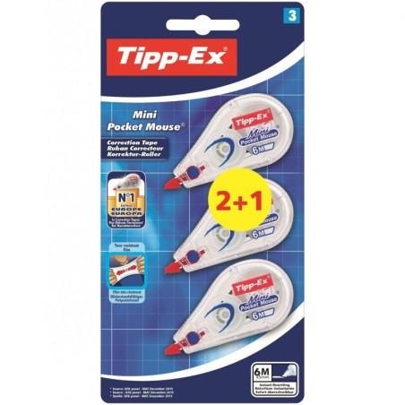 Tipp-Ex Mini Pocket Mouse 2+1 Pack de 3 Cintas Correctoras 5mm x 6m - Resistente - Escritura Instantanea (Blister)