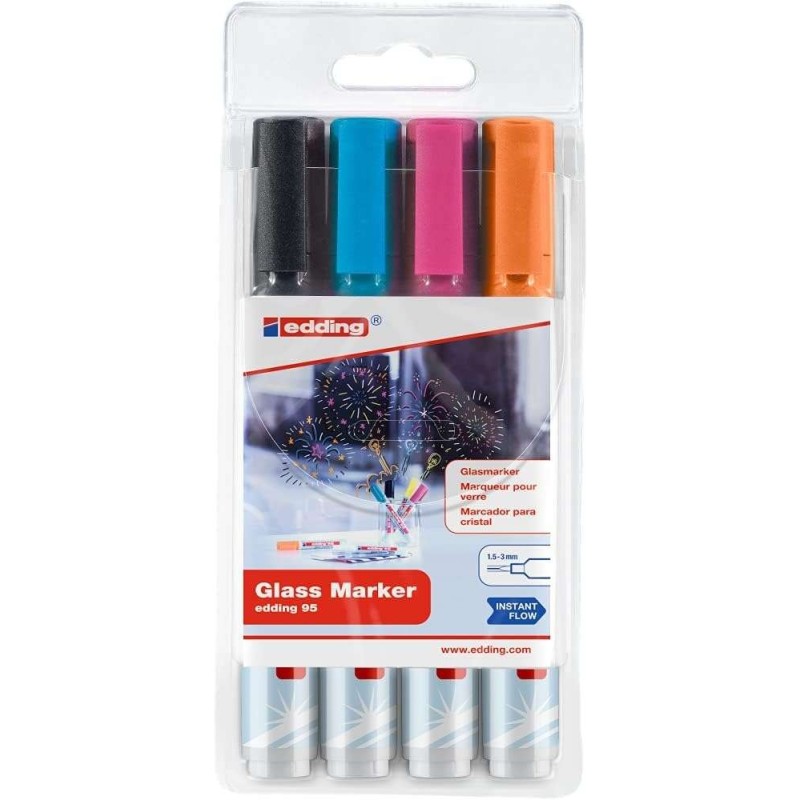Edding 95 Pack de 4 Rotuladores de Tiza Liquida - Punta Redonda - Trazo 1.5-3mm - Colores Negro, Naranja, Rosa y Azul Edding 95 Pack de 4 Rotuladores de Tiza Liquida - Punta Redonda - Trazo 1.5-3mm - Colores Negro, Naranja, Rosa y Azul
