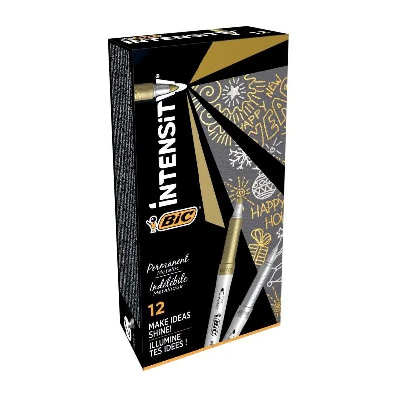 Pennarello permanente metallico Bic Intensity - Punta media 1,8 mm - Tratto 0,8 mm - Impugnatura testurizzata - Colore Oro e Arg Pennarello permanente metallico Bic Intensity - Punta media 1,8 mm - Tratto 0,8 mm - Impugnatura testurizzata - Colore Oro e Arg