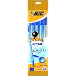 Bic Cristal Soft Confezione da 4 Penne a Sfera - Punta Media 1,2 mm - Tratto 0,45 mm - Scrittura Fluida - Colore Blu