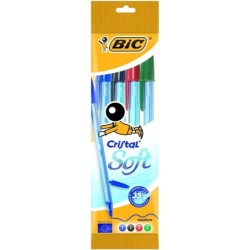 Bic Cristal Soft Confezione da 4 Penne a Sfera - Punta Media 1,2 mm - Tratto 0,45 mm - Scrittura Fluida - Colori Assortiti