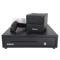 Confezione approssimativa Cassetto contanti POS + Stampante termica + Lettore di codici + Rotoli - Colore nero