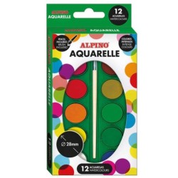 Alpino Confezione da 12 Acquerelli - Diametro 28 mm - Colori Intensi - Include Pennello - Colori Assortiti