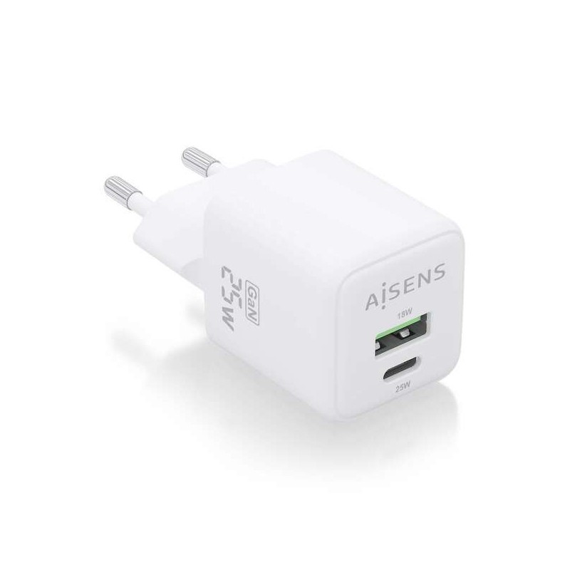 Aisens Cargador Gan 25W - 1xUSB-C PD3.0 QC4.0 - 1xUSB-A QC3.0 - Color Blanco