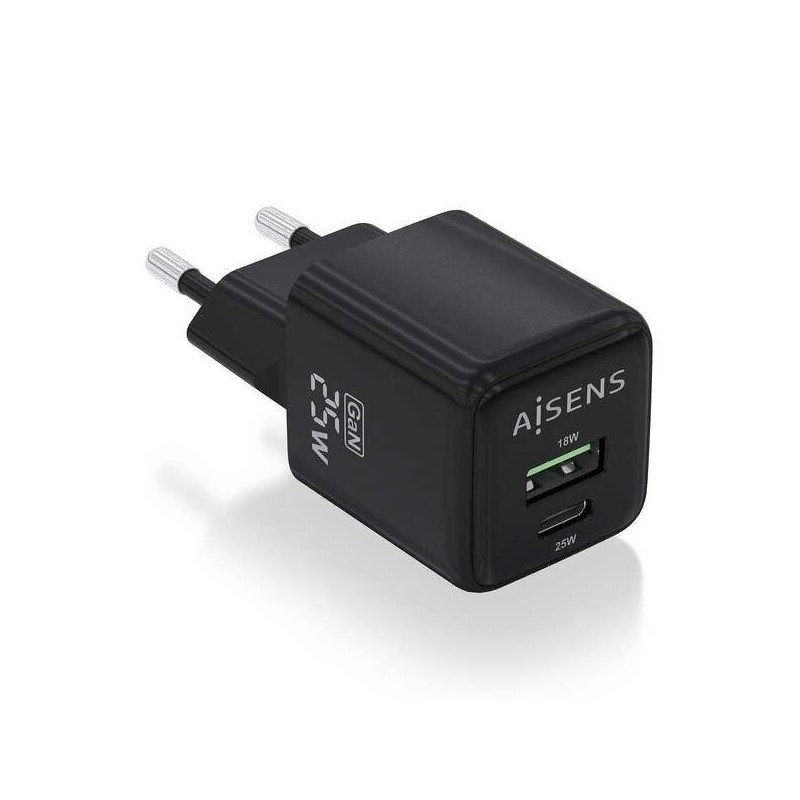 Caricabatterie Aisens Gan 25W - 1xUSB-C PD3.0 QC4.0 - 1xUSB-A QC3.0 - Colore Nero Caricabatterie Aisens Gan 25W - 1xUSB-C PD3.0 QC4.0 - 1xUSB-A QC3.0 - Colore Nero