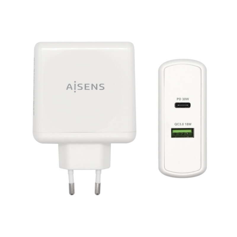 Caricabatterie per smartphone Aisens 48W 1x USB-C PD3.0 30W, 1x USB-A QC3.0 18W Caricabatterie per smartphone Aisens 48W 1x USB-C PD3.0 30W, 1x USB-A QC3.0 18W