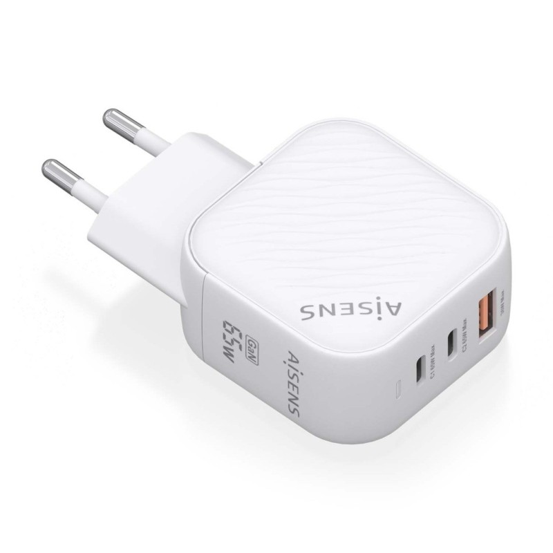 Aisens Cargador GAN 65W - 2xUSB-C PD3.0 QC4.0 - 1xUSB-A QC3.0