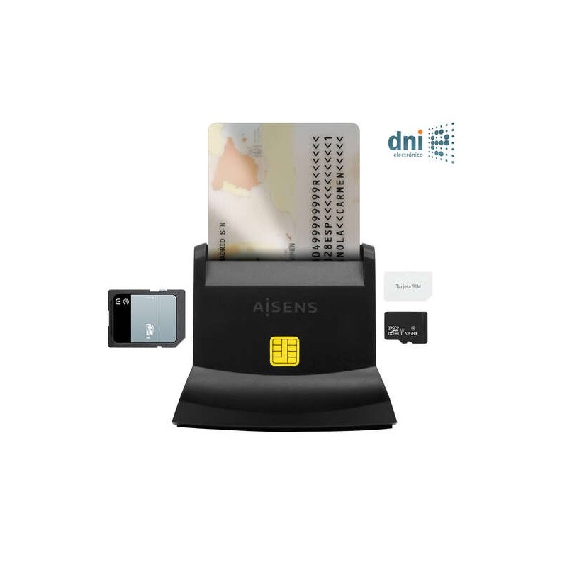 Lettore di smart card Aisens DNI USB-C con SIM, SD, Micro SD, MMC, RS-MMC, lettore di micro card MMC - Nero Lettore di smart card Aisens DNI USB-C con SIM, SD, Micro SD, MMC, RS-MMC, lettore di micro card MMC - Nero